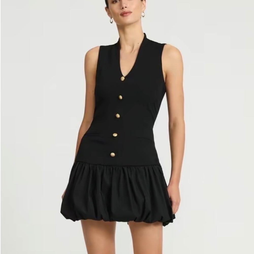 NEW Express Womens Black Tuxedo Vest Bubble Hem Mini‎ Dress Gold Buttons XS Chic